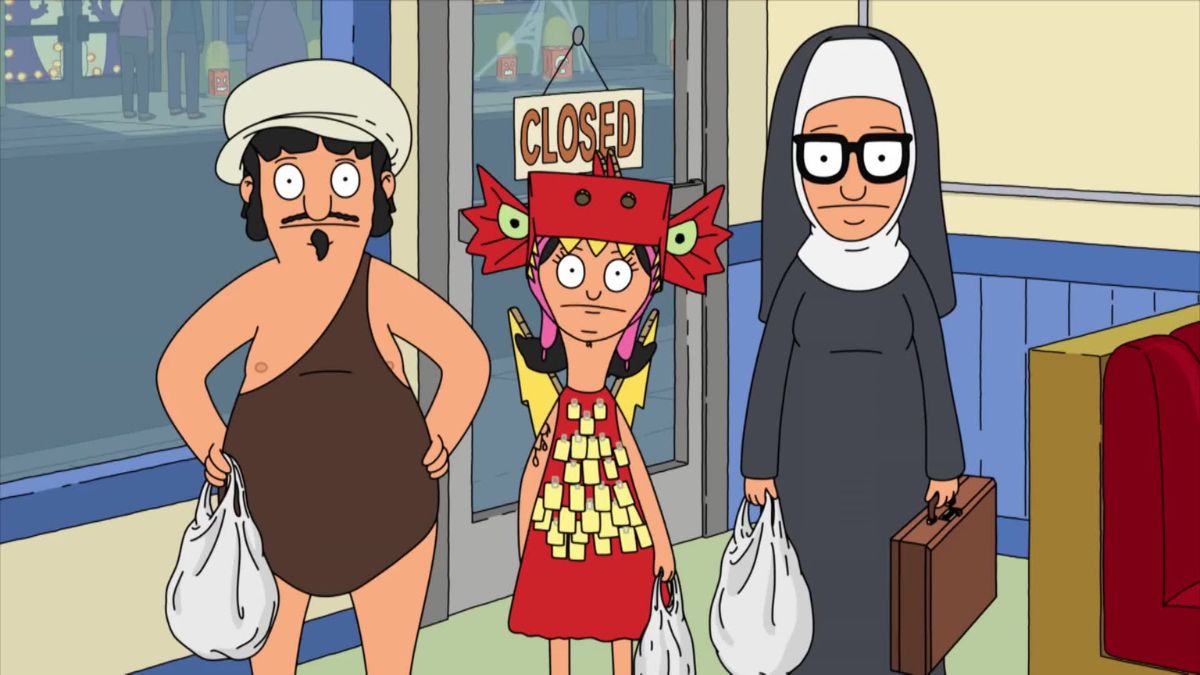 Gene, Louise, and Tina in Halloween costumes