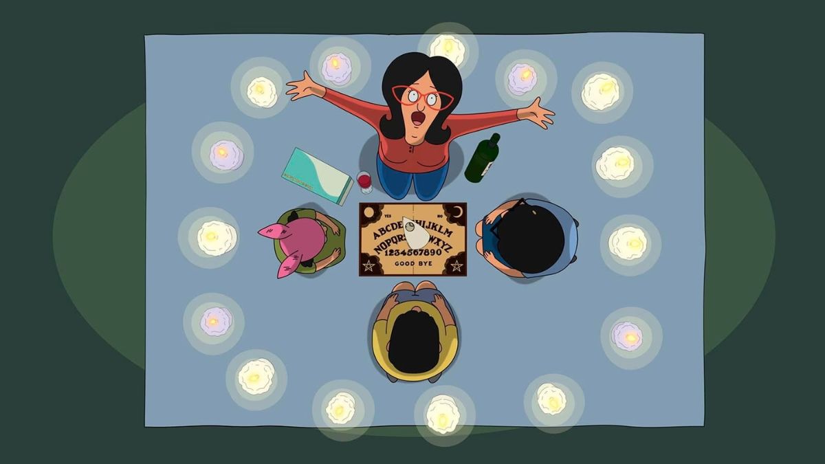Linda, Tina, Gene, and Louise around a Ouija board