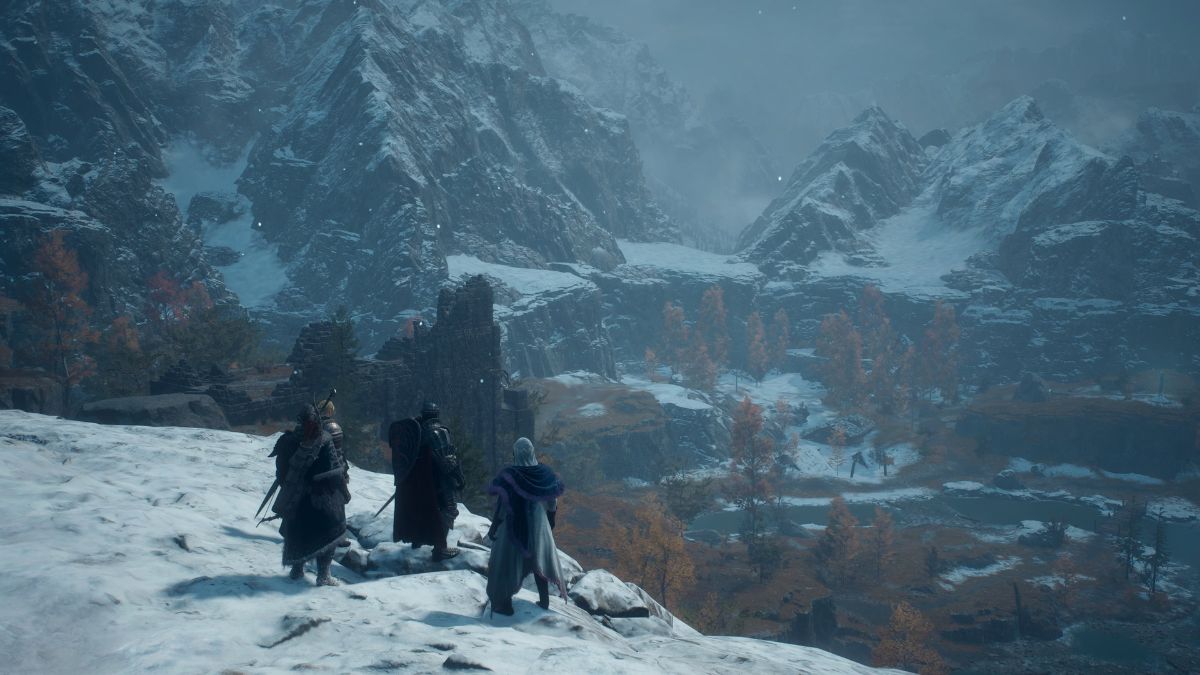 Characters looking over the snowy Norgan region