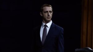 Jeremy Strong as Mark Zuckerberg in The Social Reckoning