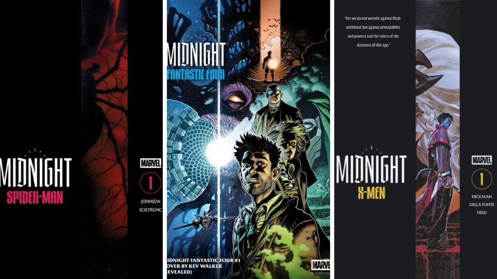 The covers for Midnight: Spider-Man, Midnight: Fantastic Four, and Midnight: X-Men the first entries into The Midnight Universe
