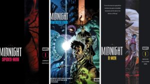 The covers for Midnight: Spider-Man, Midnight: Fantastic Four, and Midnight: X-Men the first entries into The Midnight Universe