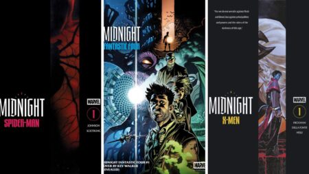 The covers for Midnight: Spider-Man, Midnight: Fantastic Four, and Midnight: X-Men the first entries into The Midnight Universe