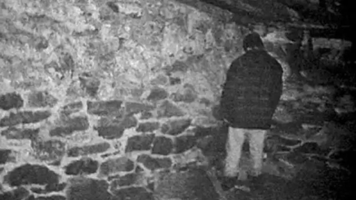 A person stands back to camera staring at a wall